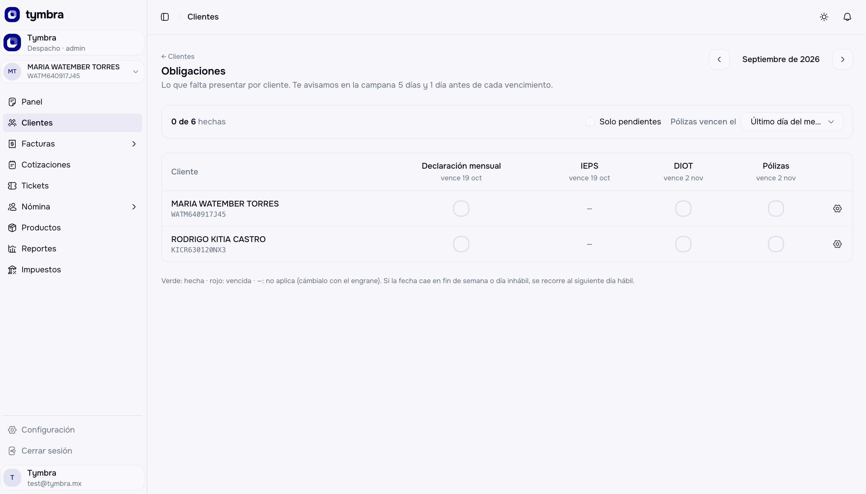 Pantalla de obligaciones de clientes en web